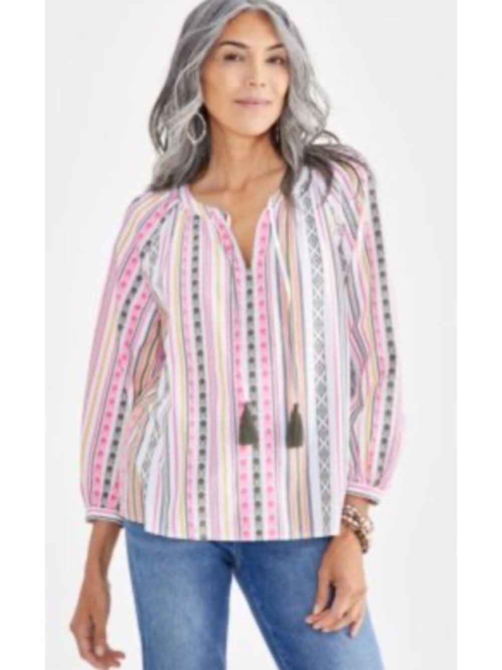 Style & Co Large peasant blouse tasseled ties split neckline Boho Long Sleeve